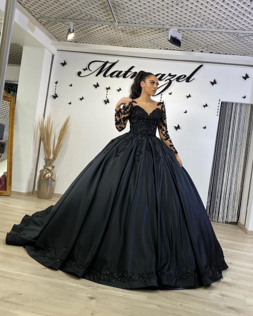 Schwarze Brautkleider mit armel | Prinzessin Hochzeitskleider Spitze