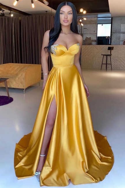 Simple Strapless Gold Long Prom Dresses Evening Gowns | Babyonlinedress.de