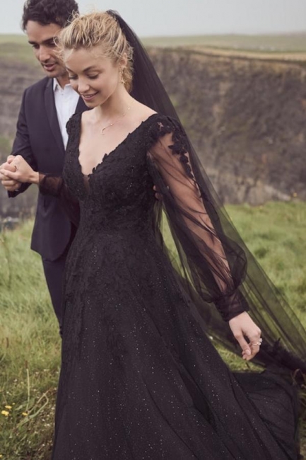 Vintage Brautkleider A Linie Schwarz | Hochzeitskleider Mit Ärmel