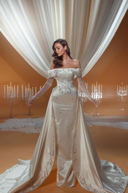 Beautiful A line wedding dresses | Satin wedding dresses with glitter