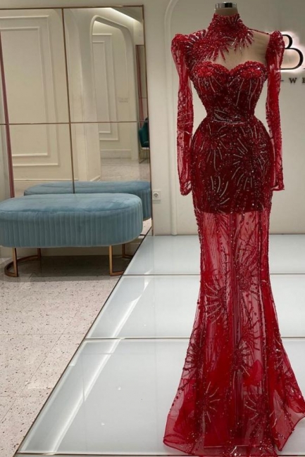 Designer Abendkleider Lang Rot | Glitzer Abiballkleider mit Ärmel