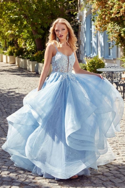 Blaues Abendkleid Lang Glitzer | Abiballkleider mit Spitze