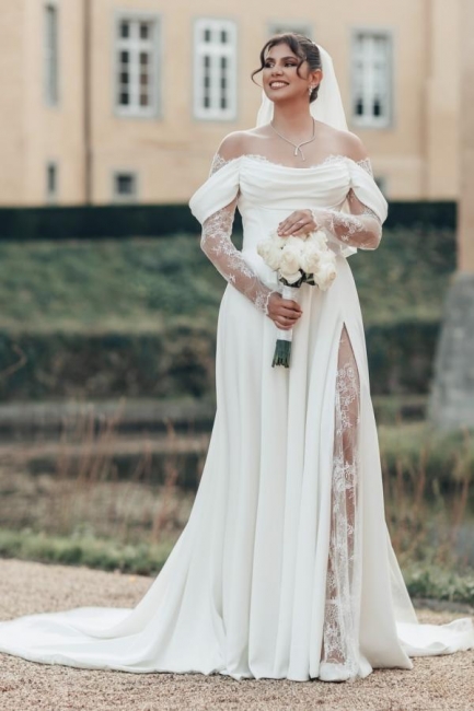 Simple Wedding Dresses A Line Satin Wedding Dresses with Lace Sleeves