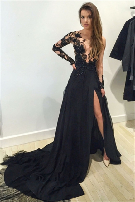 Long Sleeves Black Evening Dresses With Lace A-Line Chiffon Evening Wear Customized