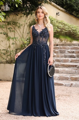 Elegant evening dresses dark blue | Prom dresses long with lace_4