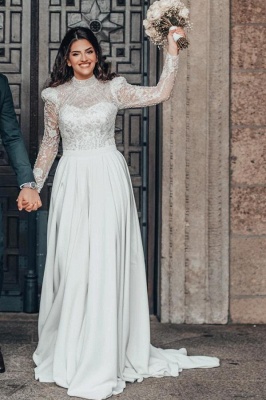 Schöne Hochzeitskleider mit Ärmel | Brautkleider A Linie Spitze_6