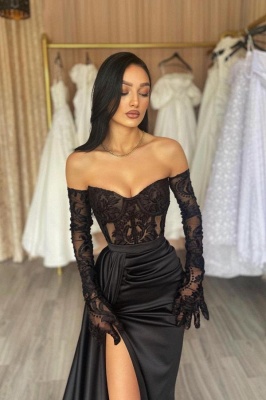 Designer evening dresses long black | Prom dresses with lace sleeves_2