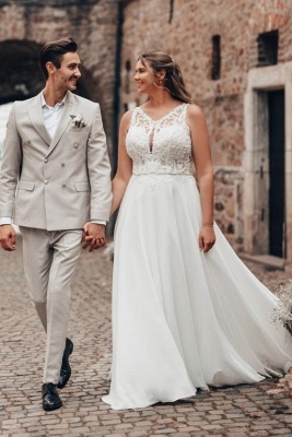 Designer Hochzeitskleider Lang Chiffon | A Linie Brautkleider mit Spitze