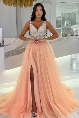 Peach Evening Dress Long V Neck Ball Gowns with Glitter