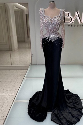 Black Evening Dress Long Glitter Prom Dresses Ball Gowns with Sleeves