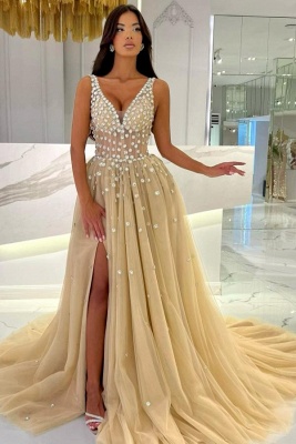 Golden Evening Dresses Long V Neck Prom Dresses with Glitter