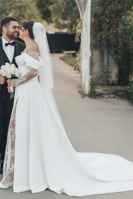 Simple Wedding Dresses A Line Satin Wedding Dresses with Lace Sleeves_2