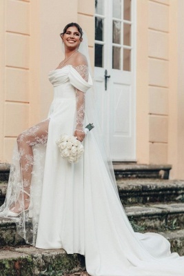 Simple Wedding Dresses A Line Satin Wedding Dresses with Lace Sleeves_4