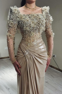 Golden Evening Dresses Long Glitter Pearls Ball Gowns Prom Dresses Mermaid_2