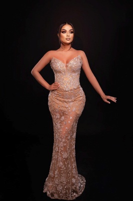 Elegant Evening Dresses Champagne Prom Dresses Lace Long