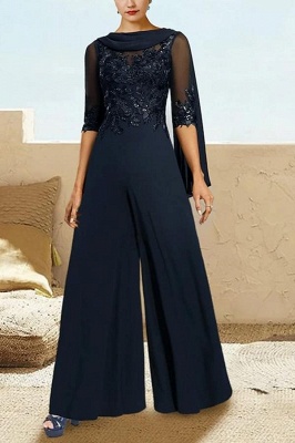 Navy Blue Jumpsuit Pantsuits Long Chiffon Mother of the Bride Dresses with Sleeves