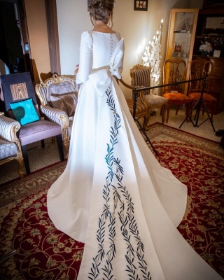 Schlichte Hochzeitskleider mit Ärmel | Brautkleid A Linie Satin_4