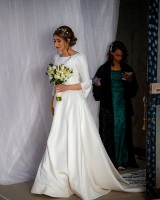 Schlichte Hochzeitskleider mit Ärmel | Brautkleid A Linie Satin_5