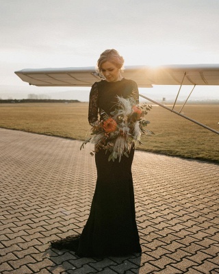 Gothic Brautkleider Schwarz | Meerjungfrau Hochzeitskleid mit Ärmel_3