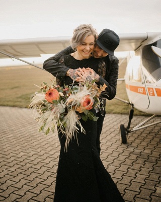 Gothic Brautkleider Schwarz | Meerjungfrau Hochzeitskleid mit Ärmel_2