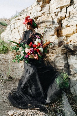 Schlichte Brautkleid Schwarz mit Ärmel | Hochzeitskleider mit Spitze_7