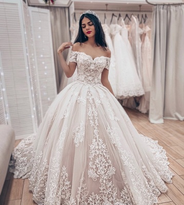 Fashion Off Shoulder Ball Gown Lace Wedding Dresses_4