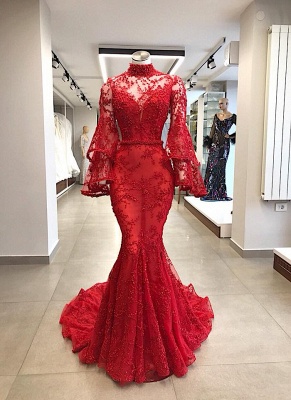 Elegant evening dresses red lace | Long prom dresses with sleeves ...