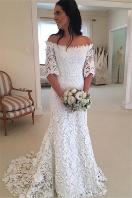 White simple wedding dress lace with sleeves mermaid wedding dresses cheap_1