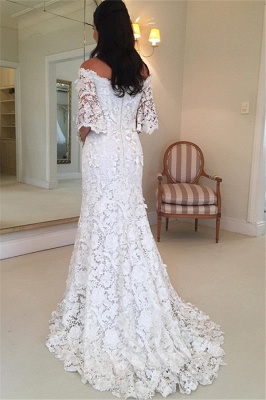 White simple wedding dress lace with sleeves mermaid wedding dresses cheap_3